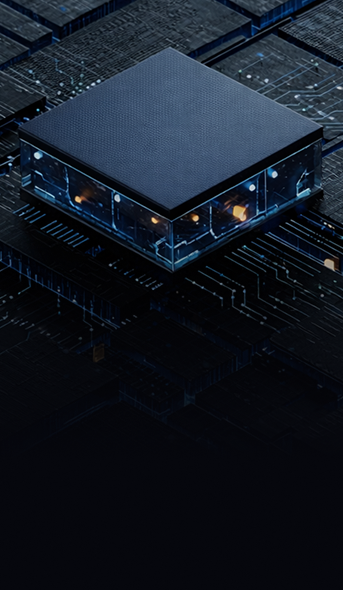 Hybrid Quantum-Classical Security Core chip with glowing circuits