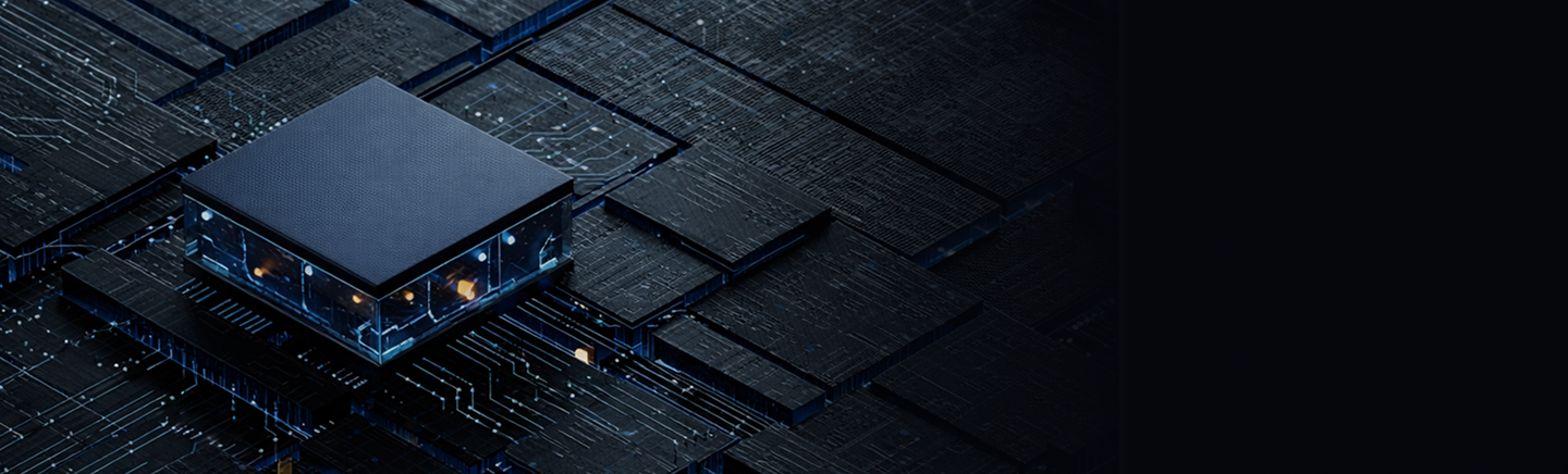 Hybrid Quantum-Classical Security Core chip with glowing circuits